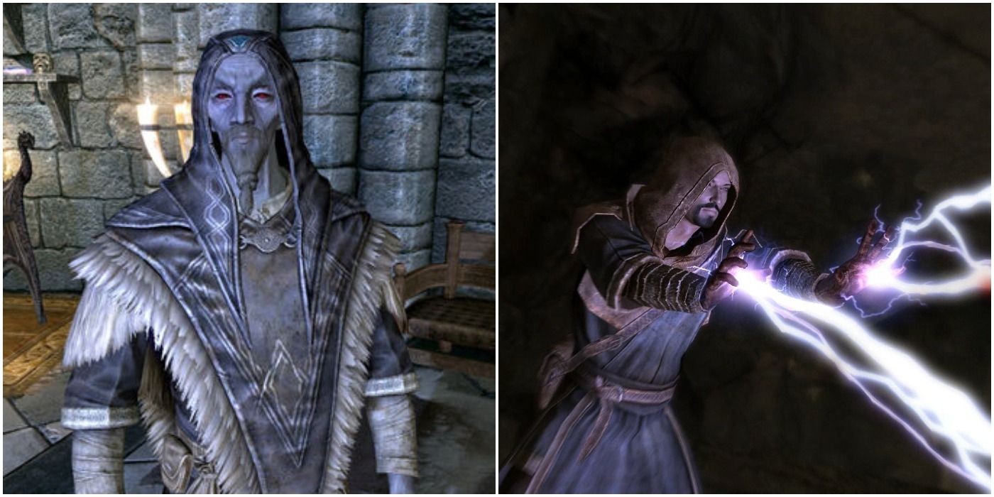 The Arch Mage and a mage player character in Skyrim
