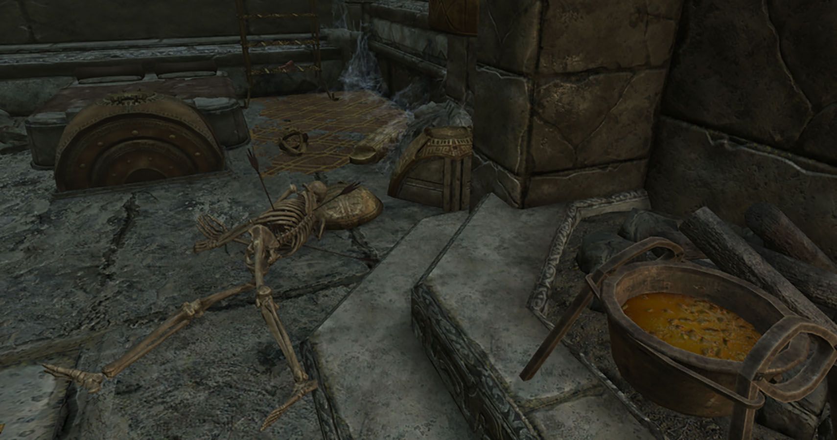 Screenshot of a skeleton lying next to fresh stew