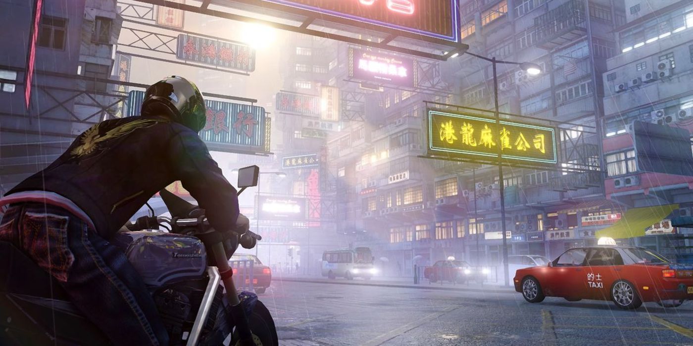 Wei Shen riding a motorcycle in Sleeping Dogs: Definitive Edition