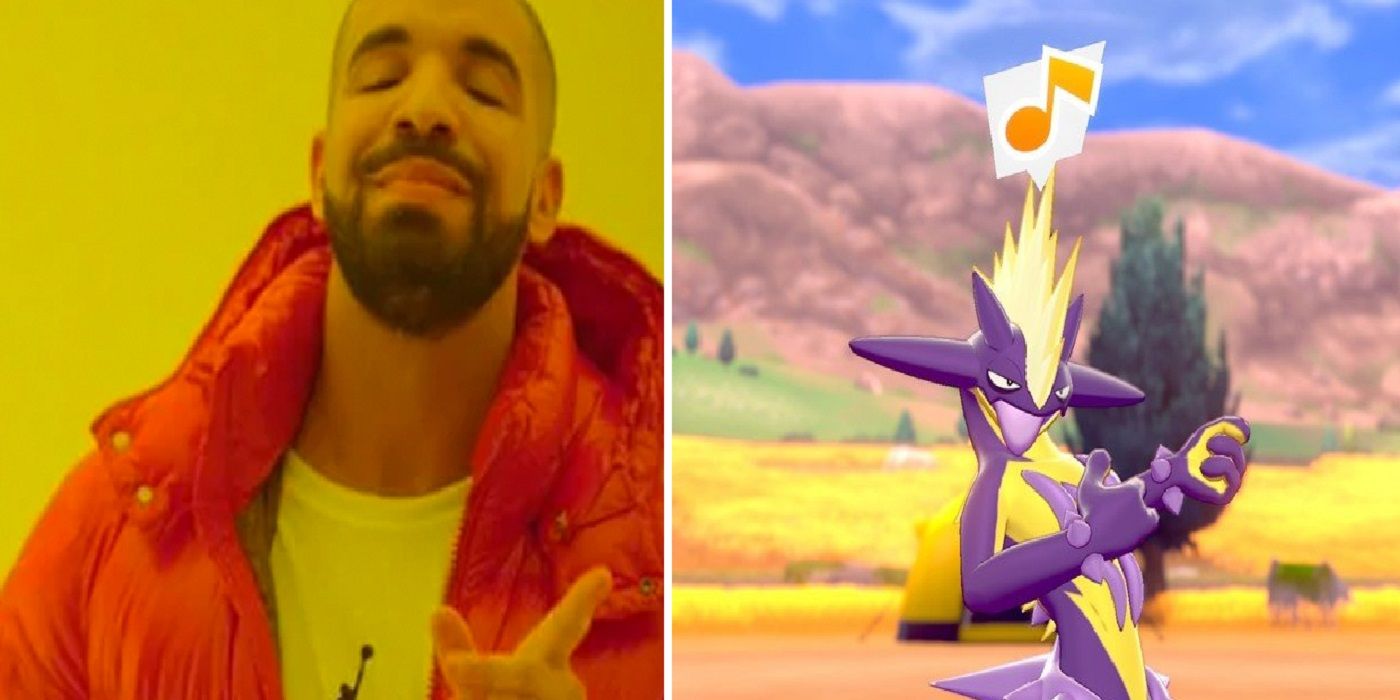 Split image of Drake and Pokémon Sword and Shield's Toxtricity
