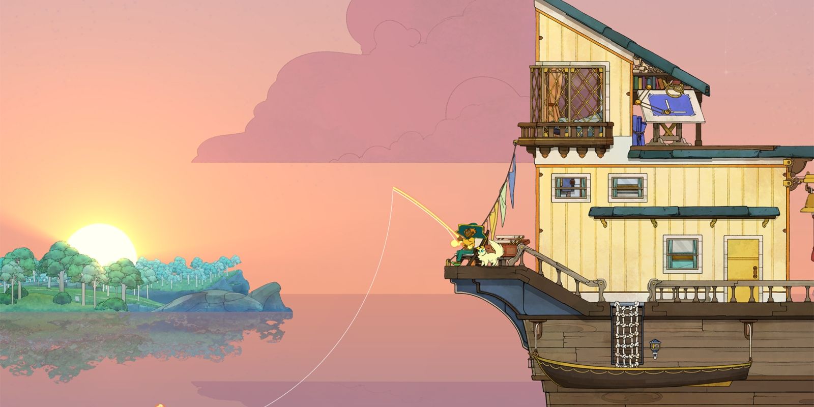 A screensot from the game featuring the protagonist fishing on her boat.