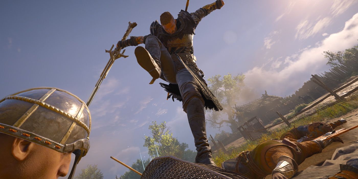 Assassin's Creed Valhalla Eivor kicking downed soldier from below