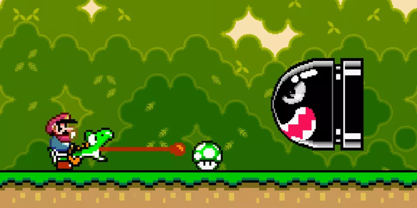 Super Mario World screenshot of Yoshi reaching for extra lives with Bullet Bill coming