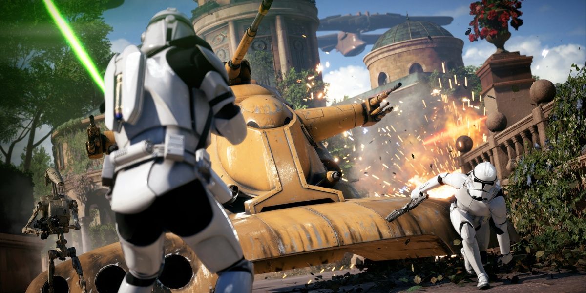 Separatist Tank and Droid Attacking Clones in Star Wars Battlefront 2