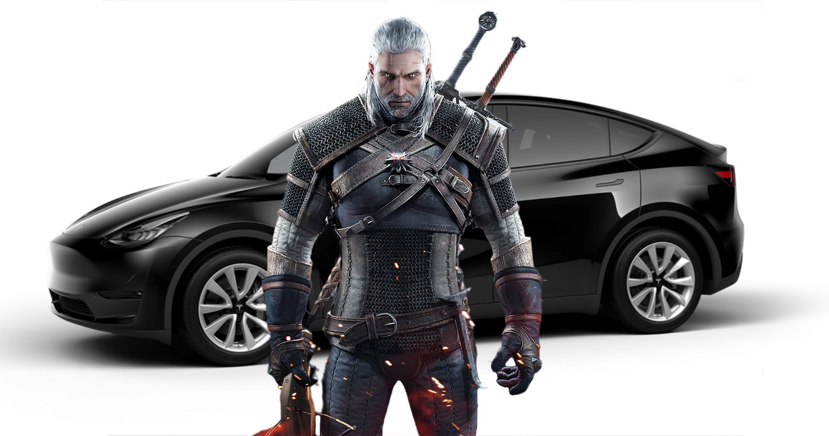 An image of the Tesla Model Y and Geralt from The Witcher game.