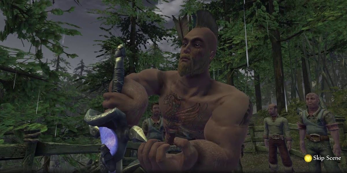 Hero pulling out The Harbinger from the stone in Fable