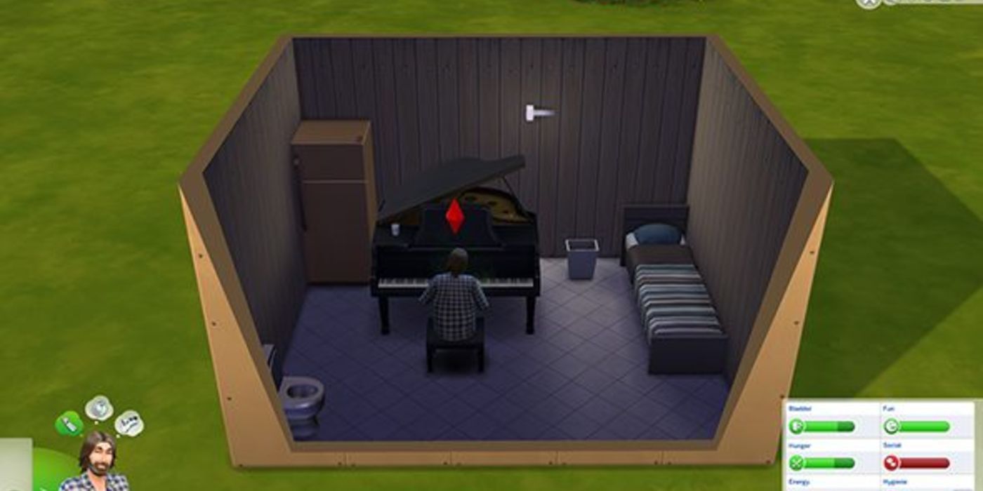 The Sims 4 sim inside a box-shaped house