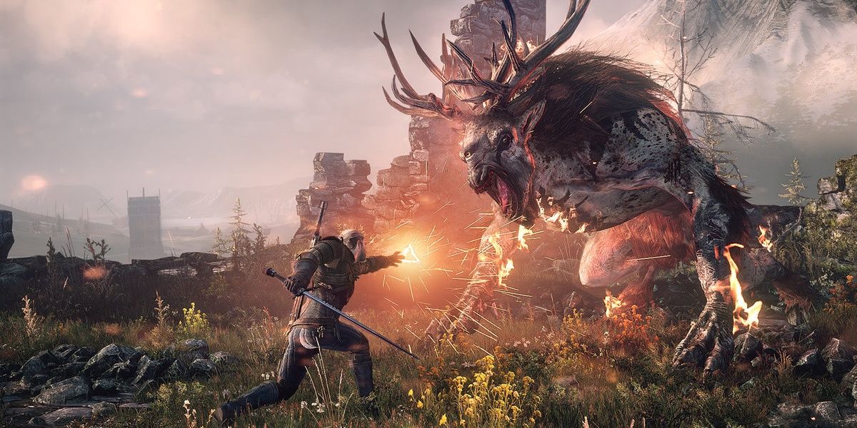 The Witcher 3 Screenshot Of Geralt Fighting Monster