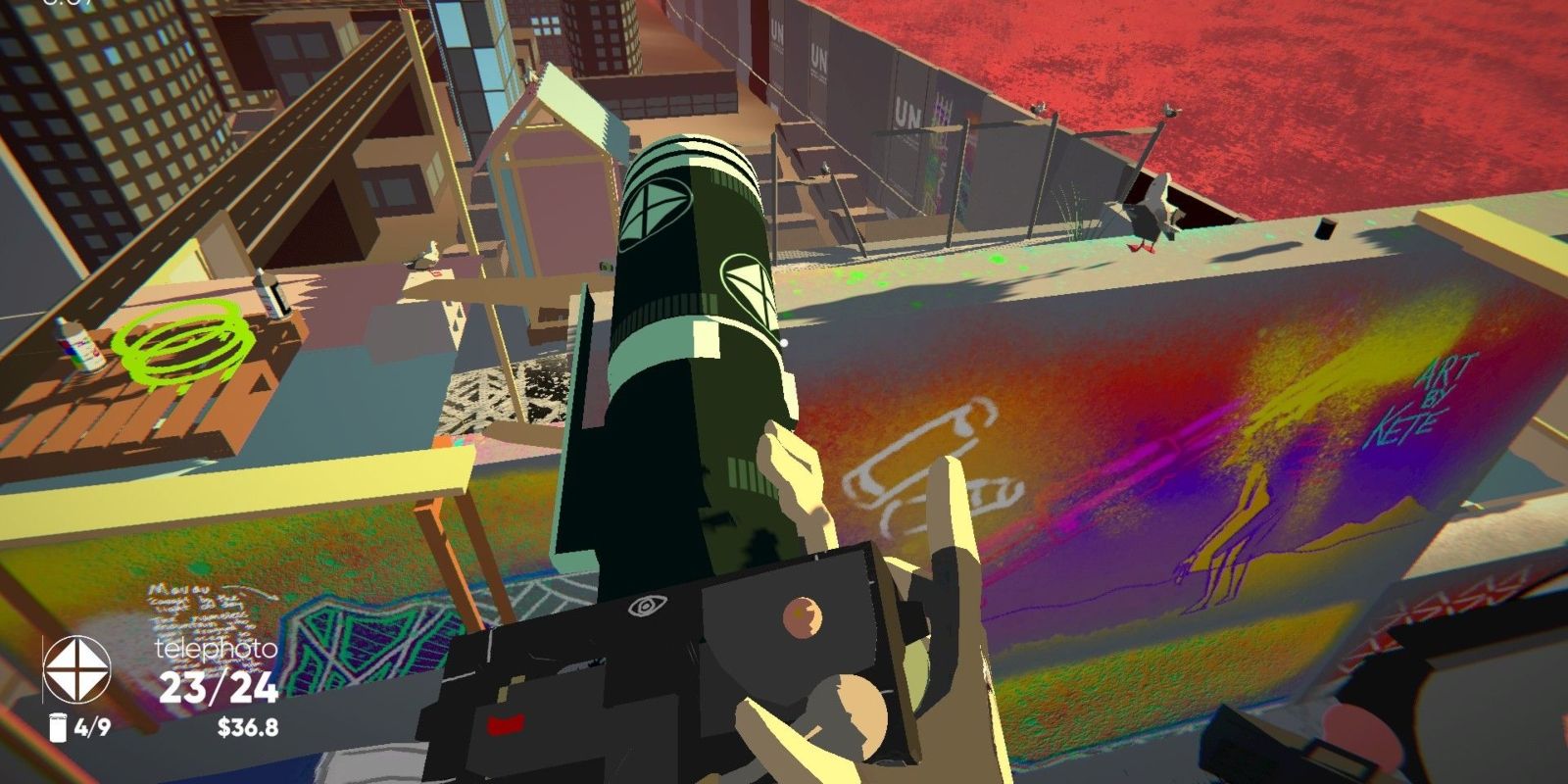 A screenshot from the game featuring the first person perspective and a telephoto lens mounted on the player's camera.