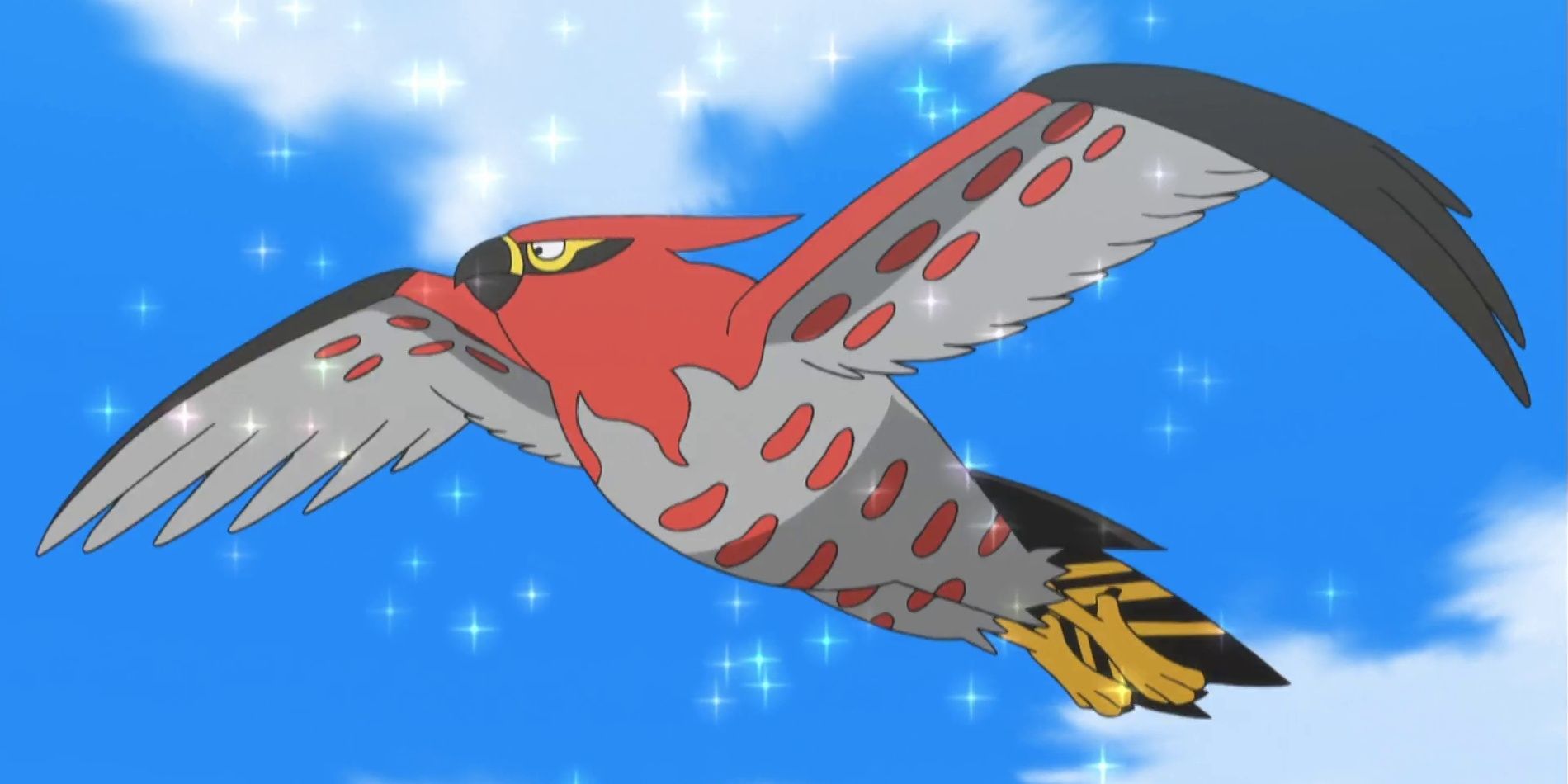 Talnoflame as it appears flying in the sky from the Pokemon Anime