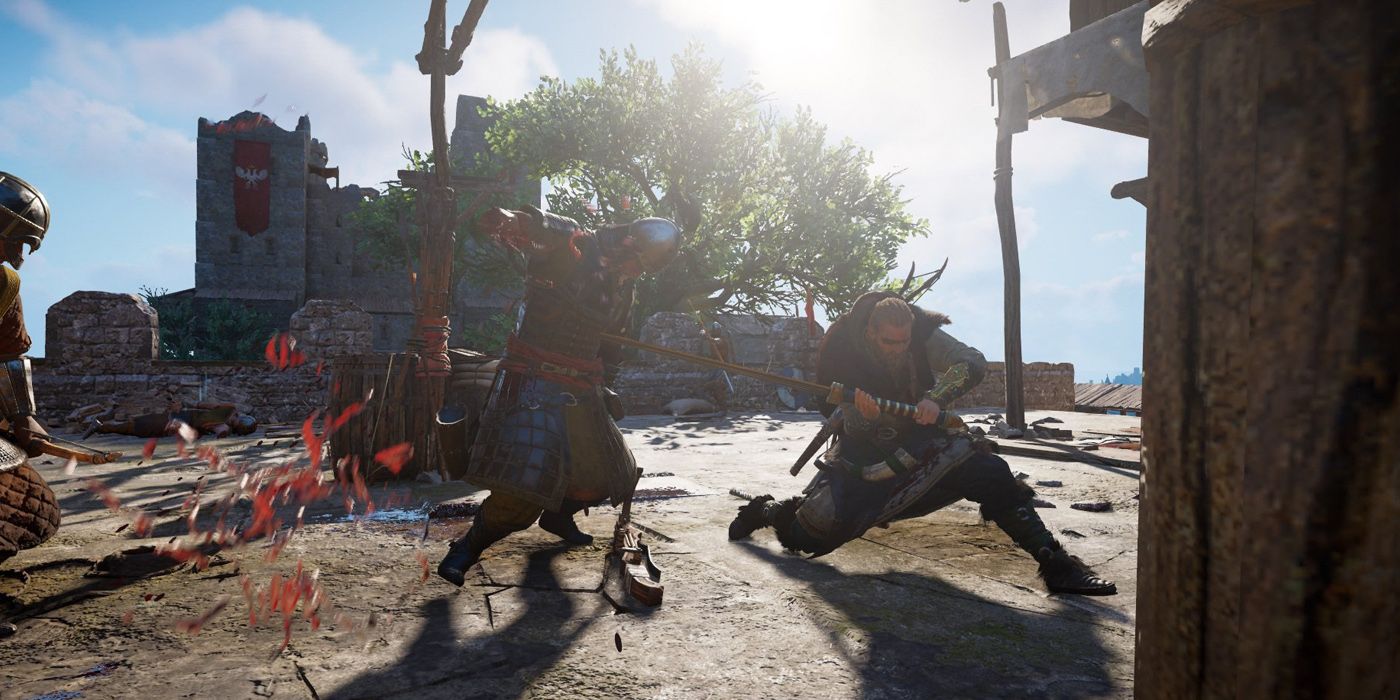 Eivor hacking a soldier with a heavy blow in sunlight in Assassin's Creed Valhalla 