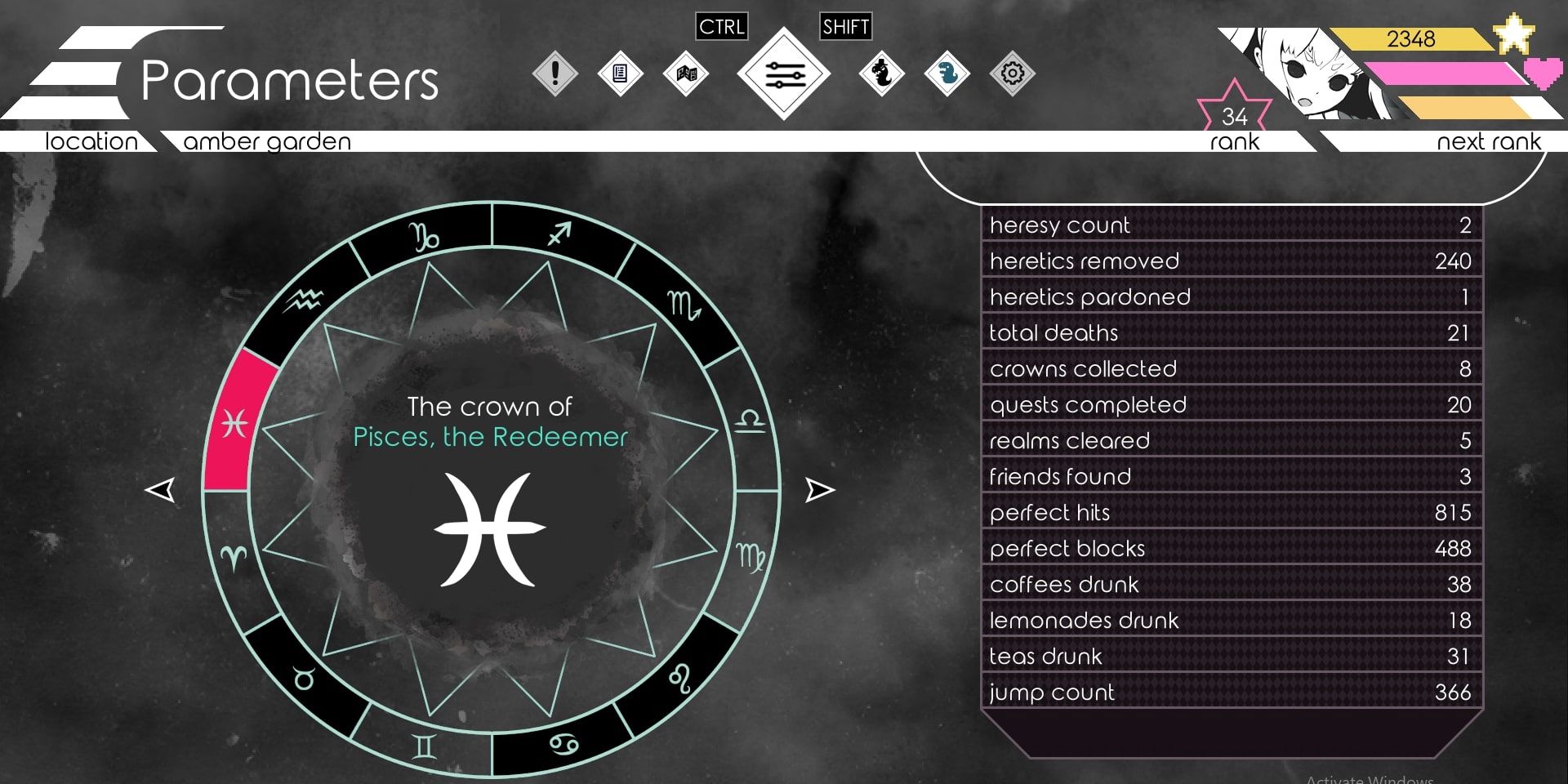 Virgo Versus the Zodiac Parameters Menu showing all crowns
