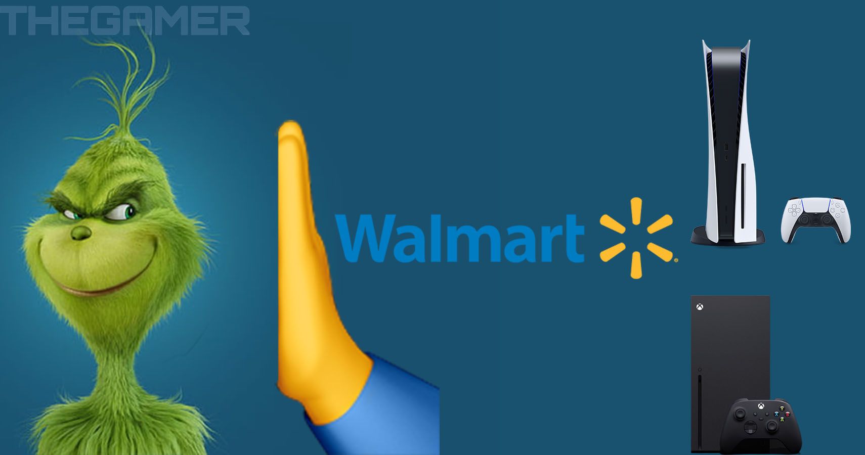 The Grinch from 2018, an emoji, the Walmart Logo and a PS5 and Xbox Series X.