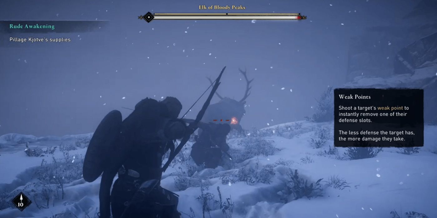 Assassin's Creed Valhalla: The Tutorial Prompt For Weak Points Popping Up During A Battle With The Elk Of Bloody Peaks