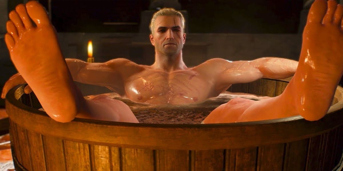 Geralt during the prologue of the game, taking a deserved rest
