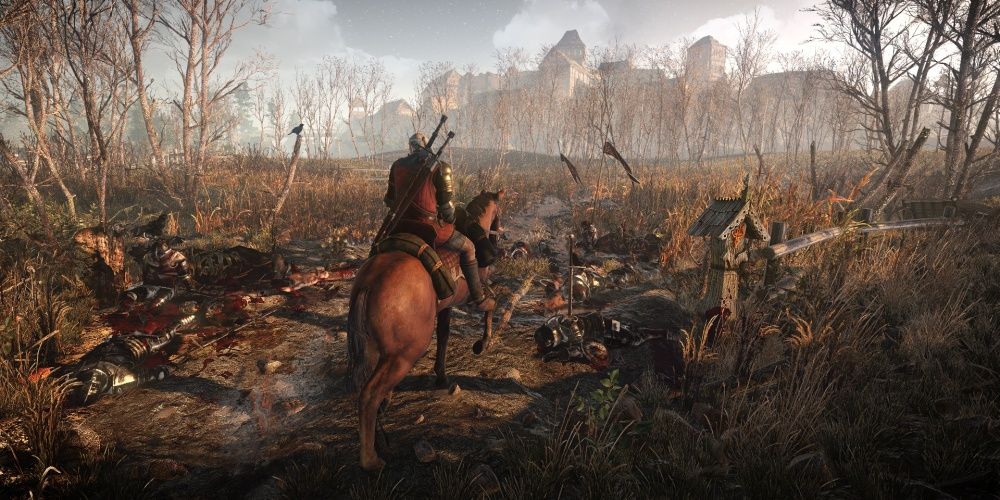 Witcher 3 Geralt On Horseback Between Dead Bodies On Road