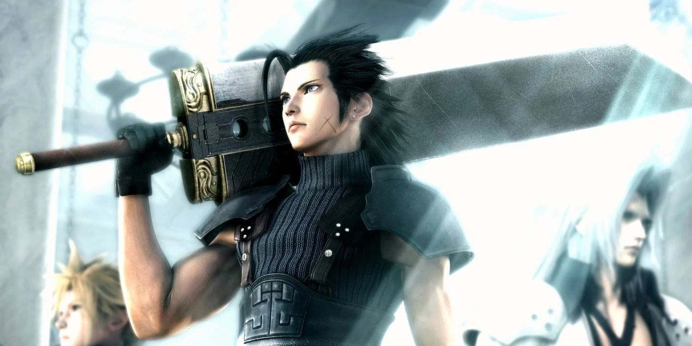 Final Fantasy: Crisis Core - Zack Fair holding his signature buster sword with cloud and Sephiroth in the background
