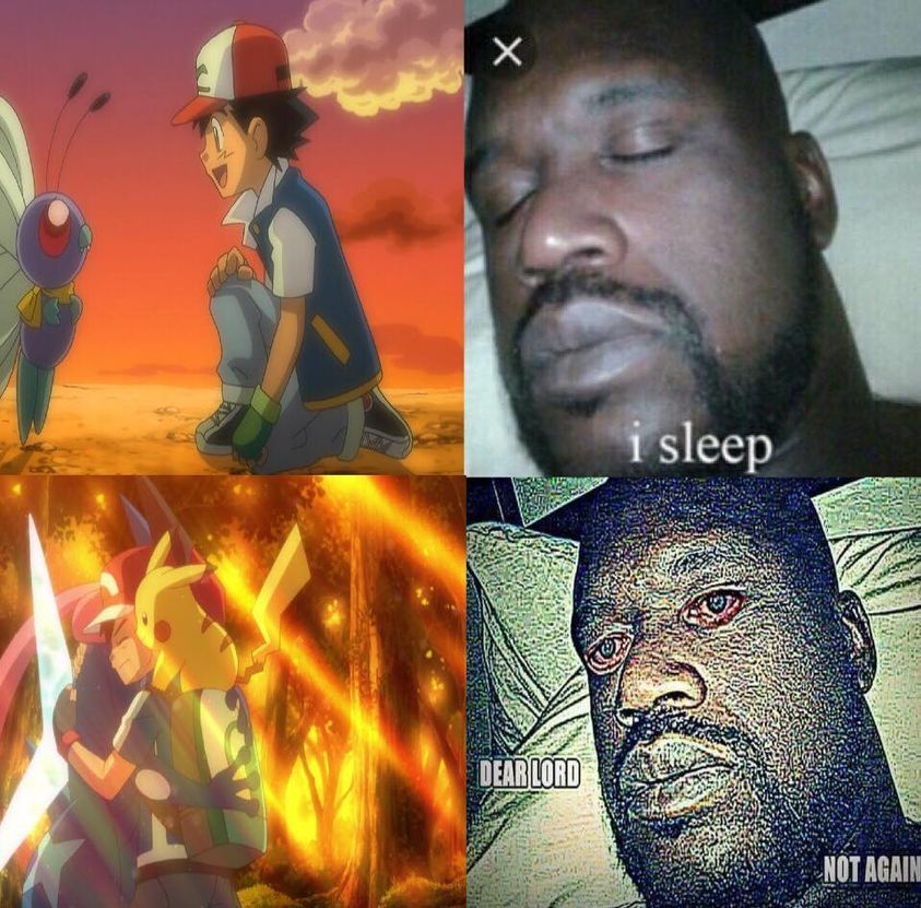 Meme showing a man sad because Ash let his butterfree and greninja go