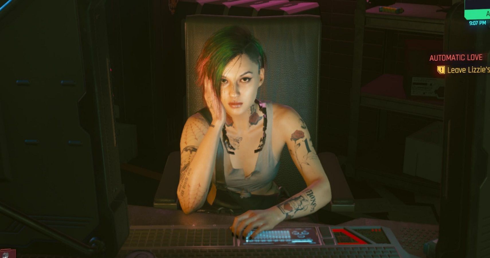 Judy sitting in her desk in Cyberpunk 2077
