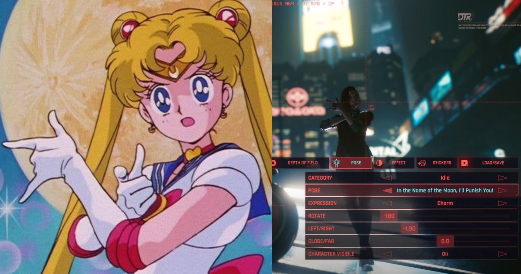 Collage of Sailor Moon and the similar photo mode pose in Cyberpunk 2077.