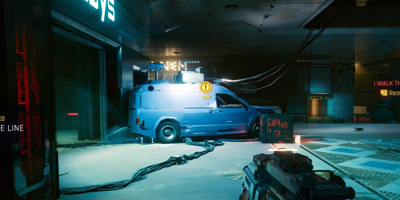 V looking at the van inside the Pacifica Grand Mall in Cyberpunk 2077.