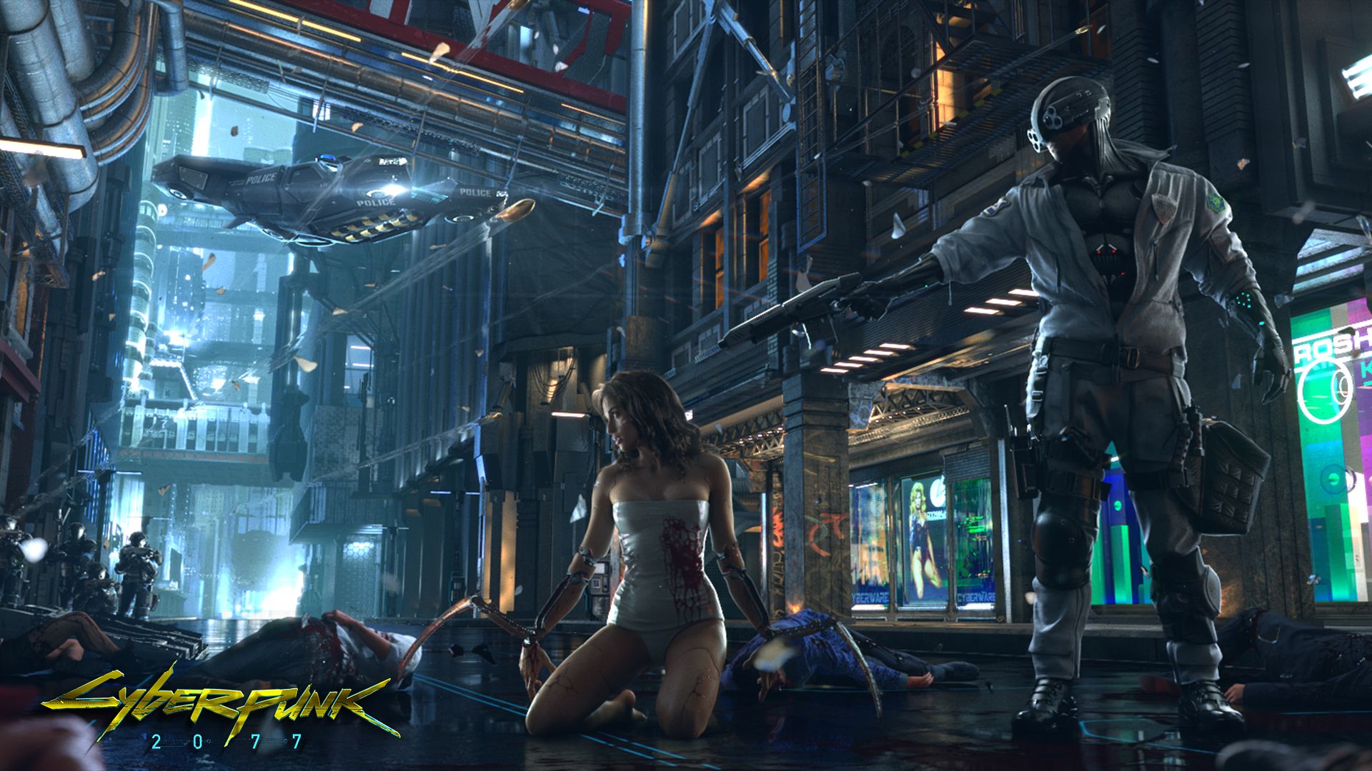Art for Cyberpunk 2077. A man points a gun at a female android in Night City.