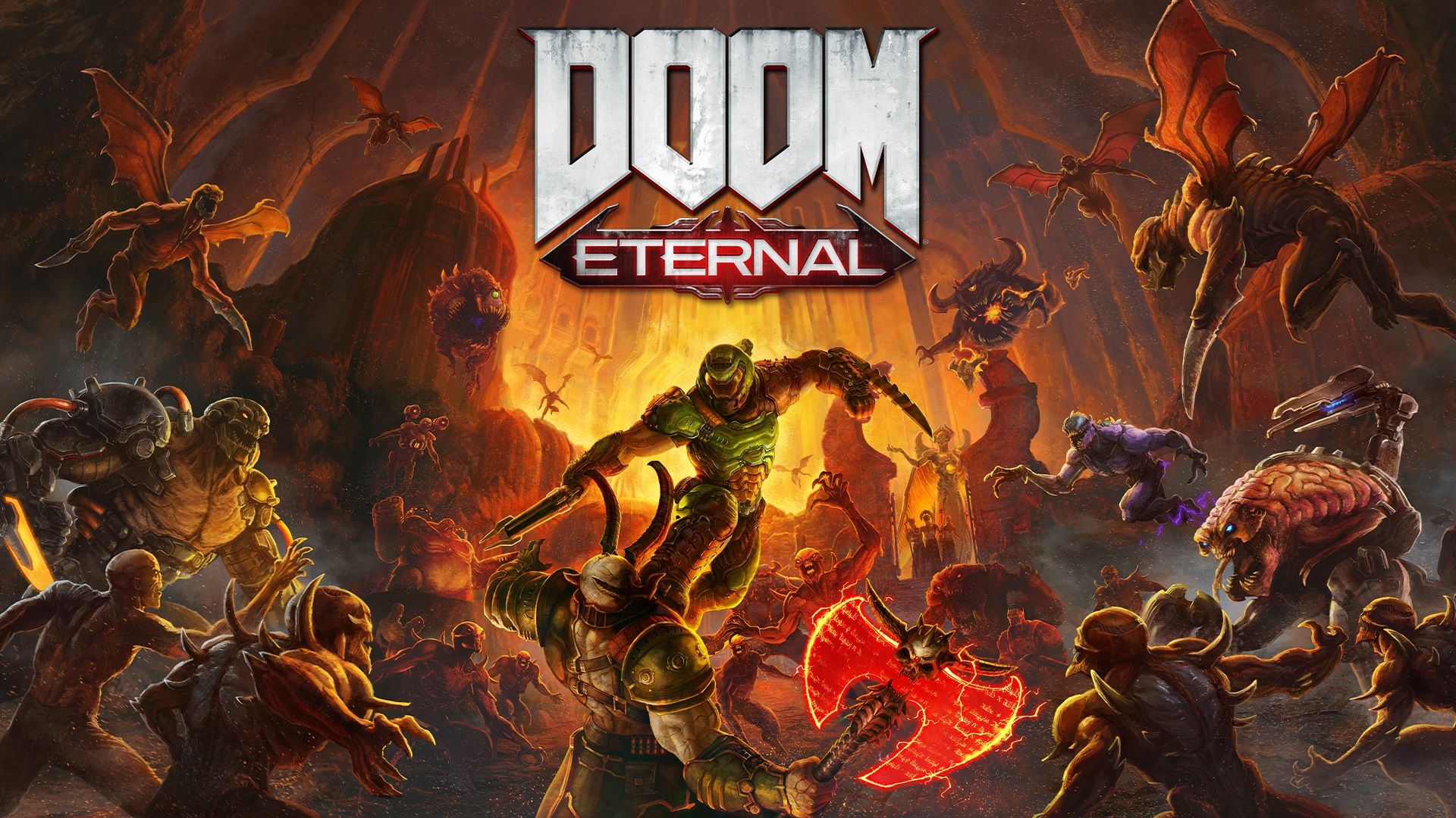 The key art for Doom Eternal showing the Slayer fighting the Demon hordes.