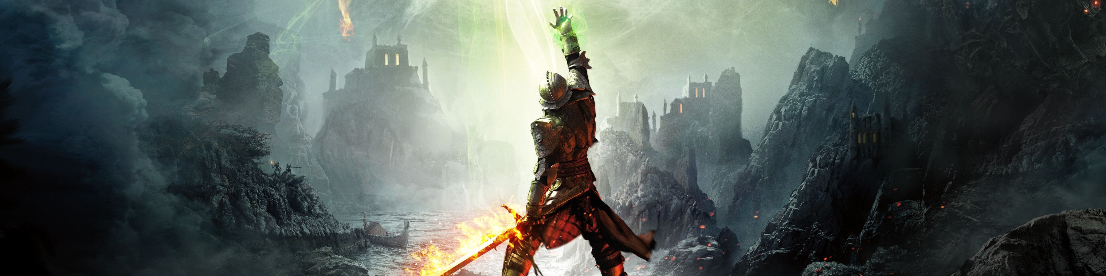 Dragon Age: Inquisition key artwork of Inquisitor raising their hand upwards to the rift with their sword drawn.