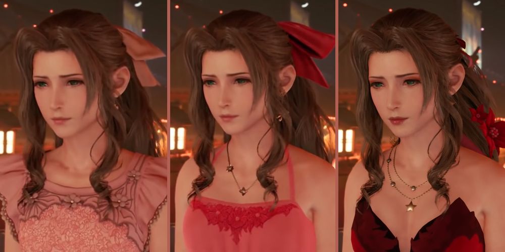 The three available dresses for Aerith in Final Fantasy VII Remake