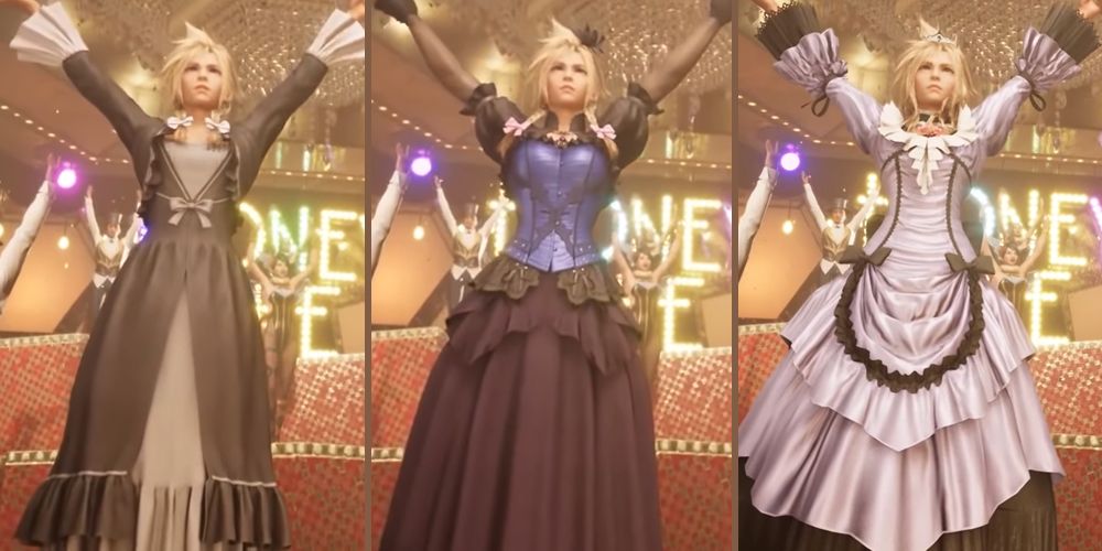 The three available dresses for Cloud in Final Fantasy VII Remake