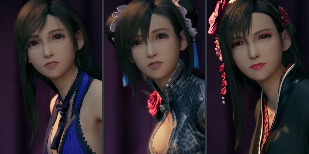 The three available dresses for Tifa in Final Fantasy VII Remake