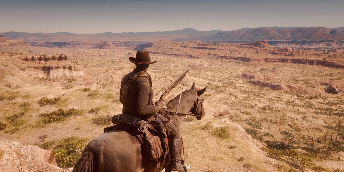 Arthur sitting on his horse while exploring New Austin