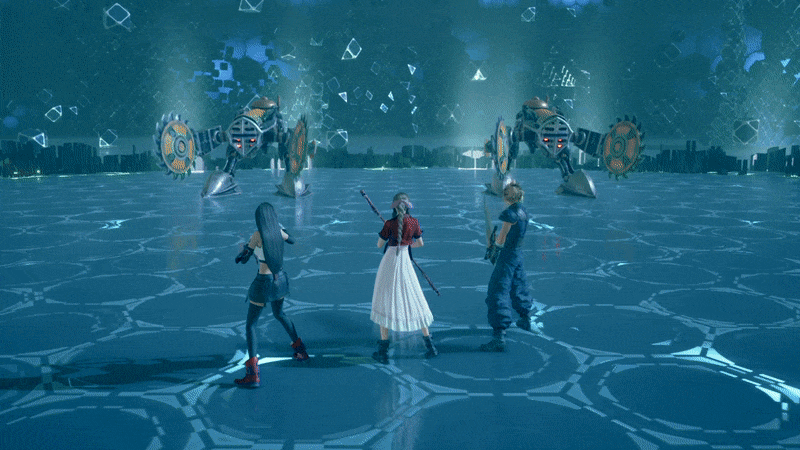 An animated GIF of the Three-Person Team vs Mayor is Best challenge in Final Fantasy VII Remake