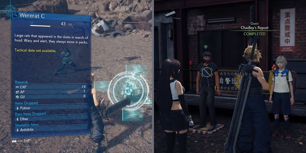 Assessing an enemy and handing in the Chadley's Report side quest in Final Fantasy VII Remake