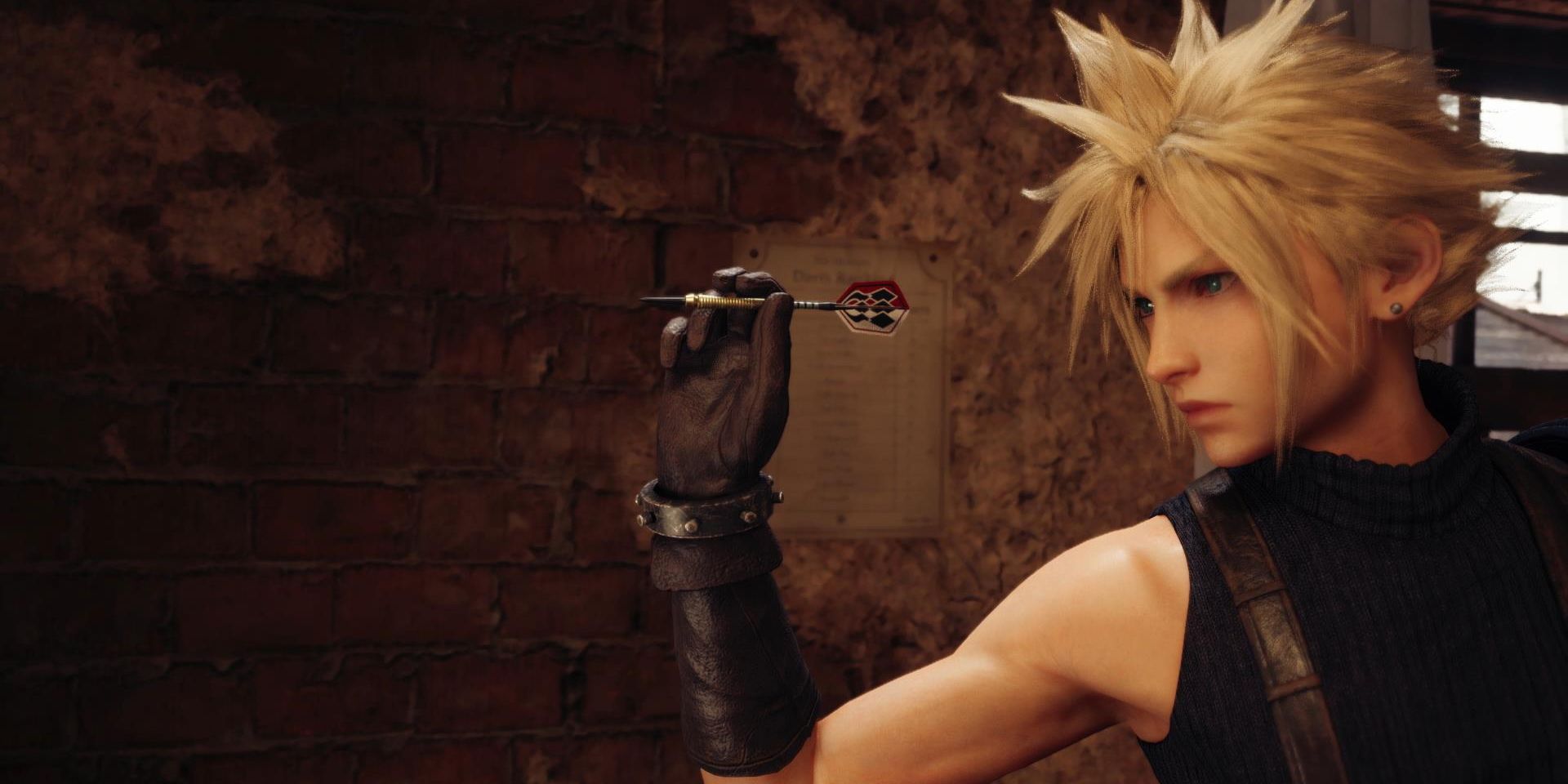 Cloud playing darts in Final Fantasy VII Remake