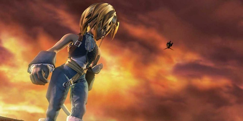 Zidane in front of an orange sky in FF9