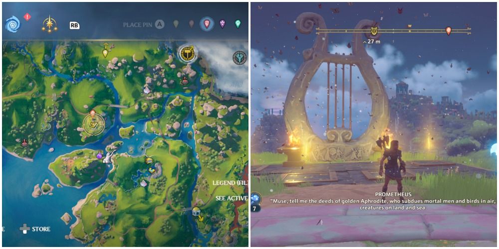 Immortals Fenyx Rising split image of the Eternal Spring map and lyre