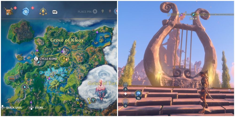 Immortals Fenyx Rising split image of the Grove of Kleos map and lyre