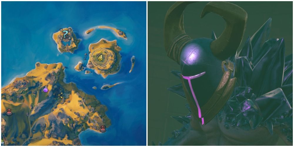 A split collage of Polyphemos and a map of where to find it in Immortals Fenyx Rising.