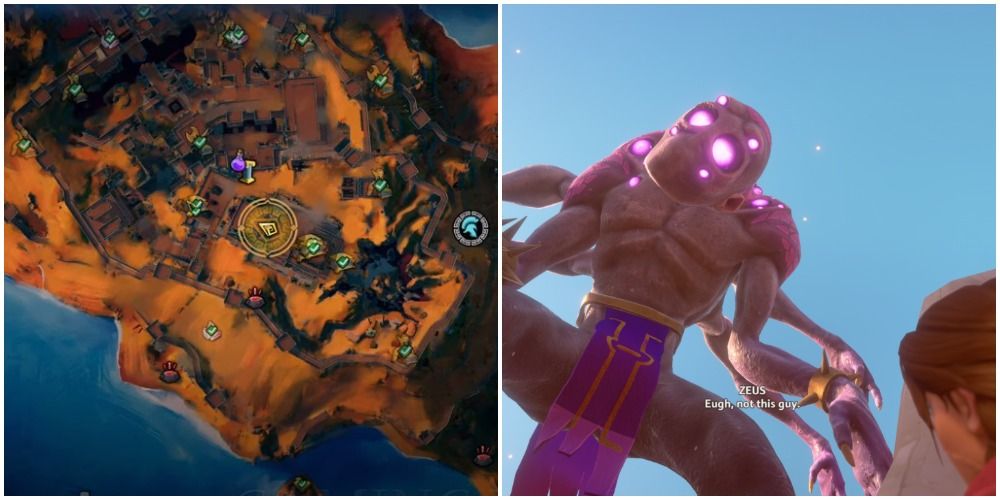 A split collage of Kottos and a map of where to find it in Immortals Fenyx Rising.