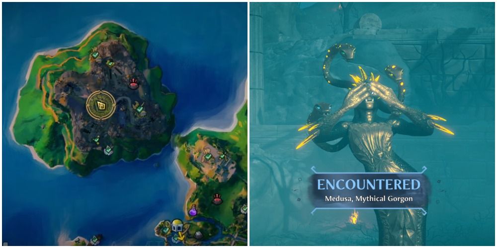 A split collage of Medusa and a map of where to find it in Immortals Fenyx Rising.