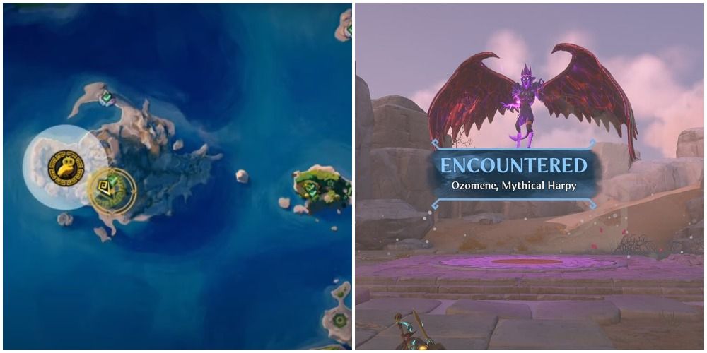 A split collage of Ozomene and a map of where to find it in Immortals Fenyx Rising.