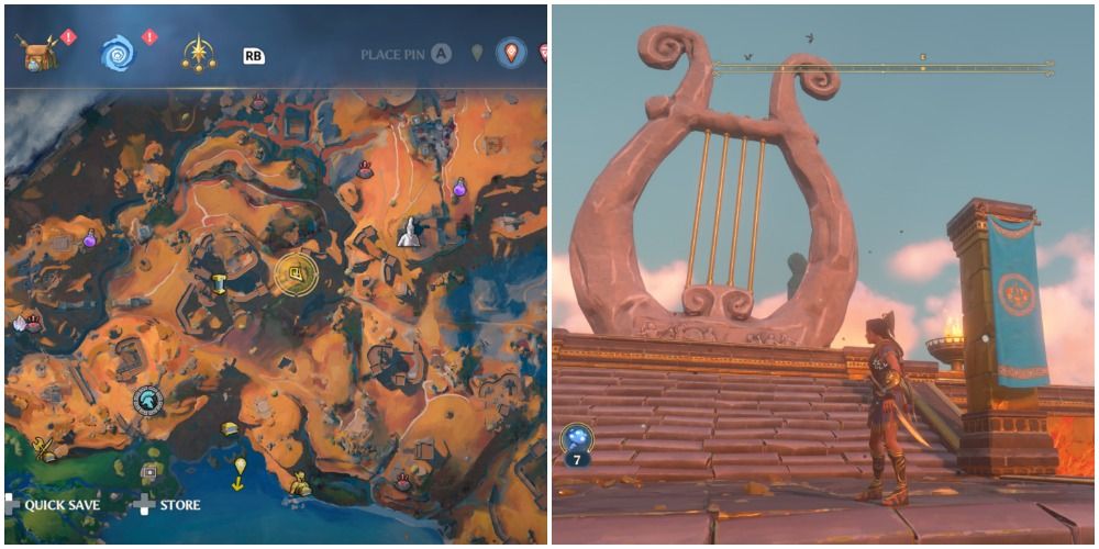 Immortals Fenyx Rising split image of the War's Den map and lyre