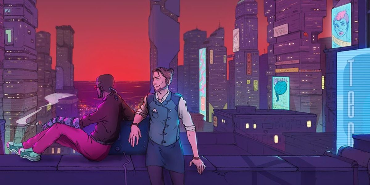 two guys staring at cyberpunk cityscape