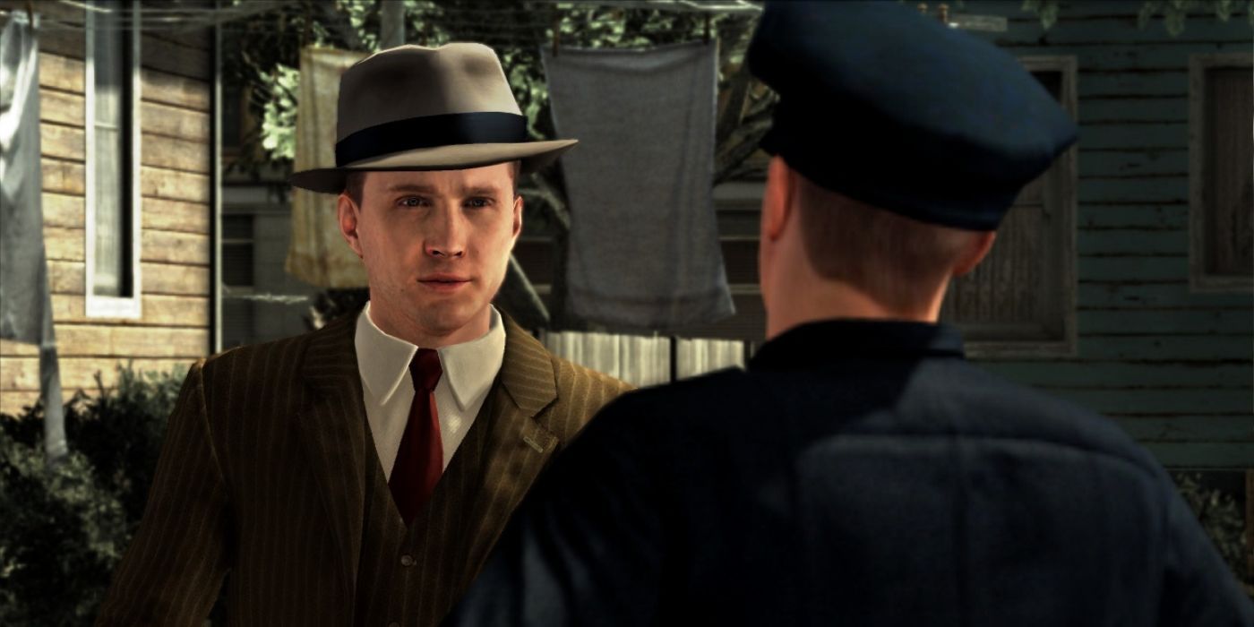 Cole Phelps and a police officer chatting in L.A Noire.