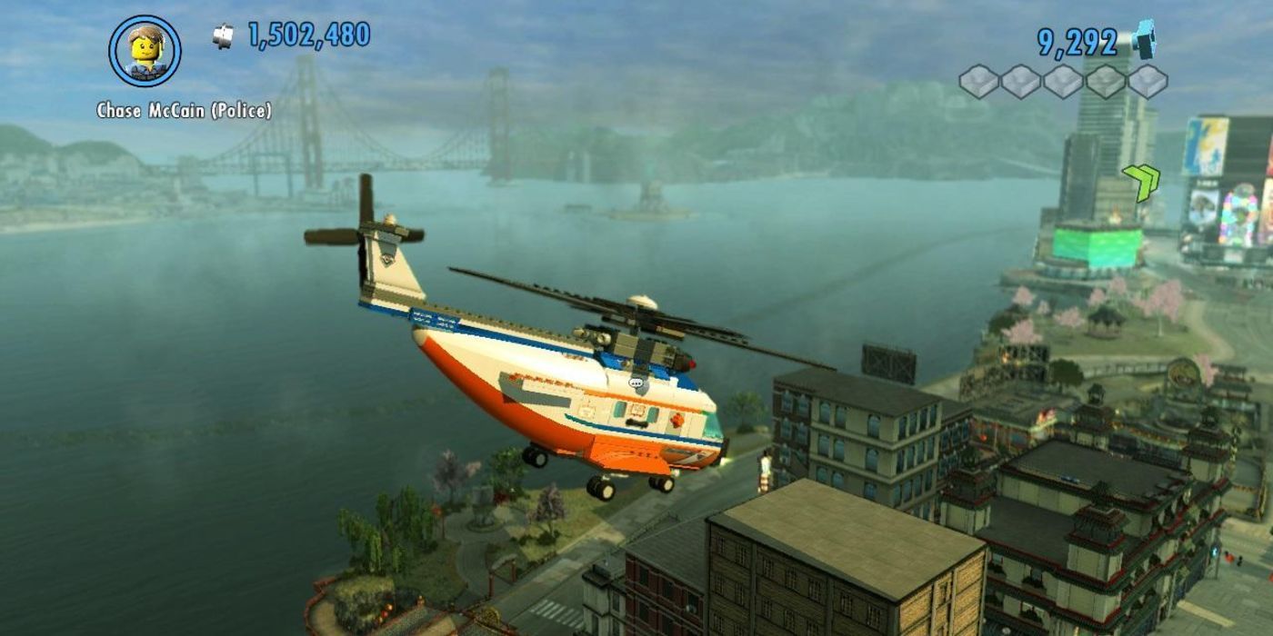 Chase McClain flying a helicopter in Lego City Undercover