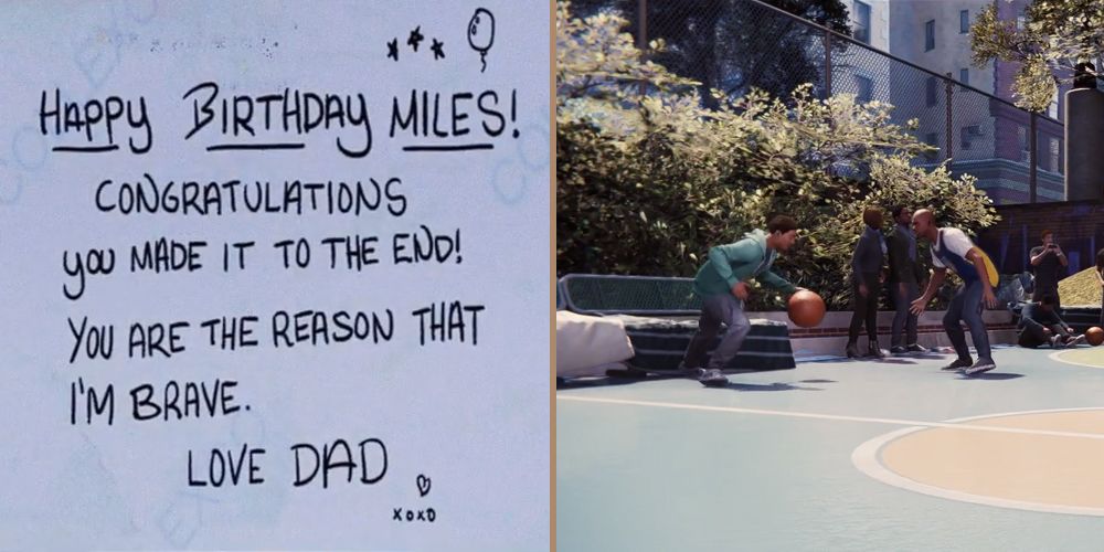 The message on the back of the final postcard in Spider-Man: Miles Morales and a screenshot from the cutscene of Miles playing basketball with his family