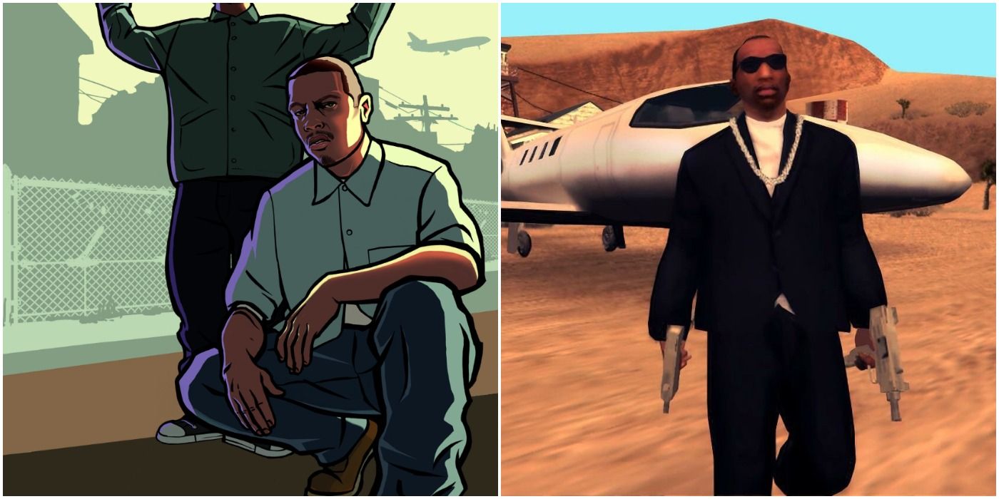 Official artwork of CJ in front of Ryder and a screenshot of him in GTA SA