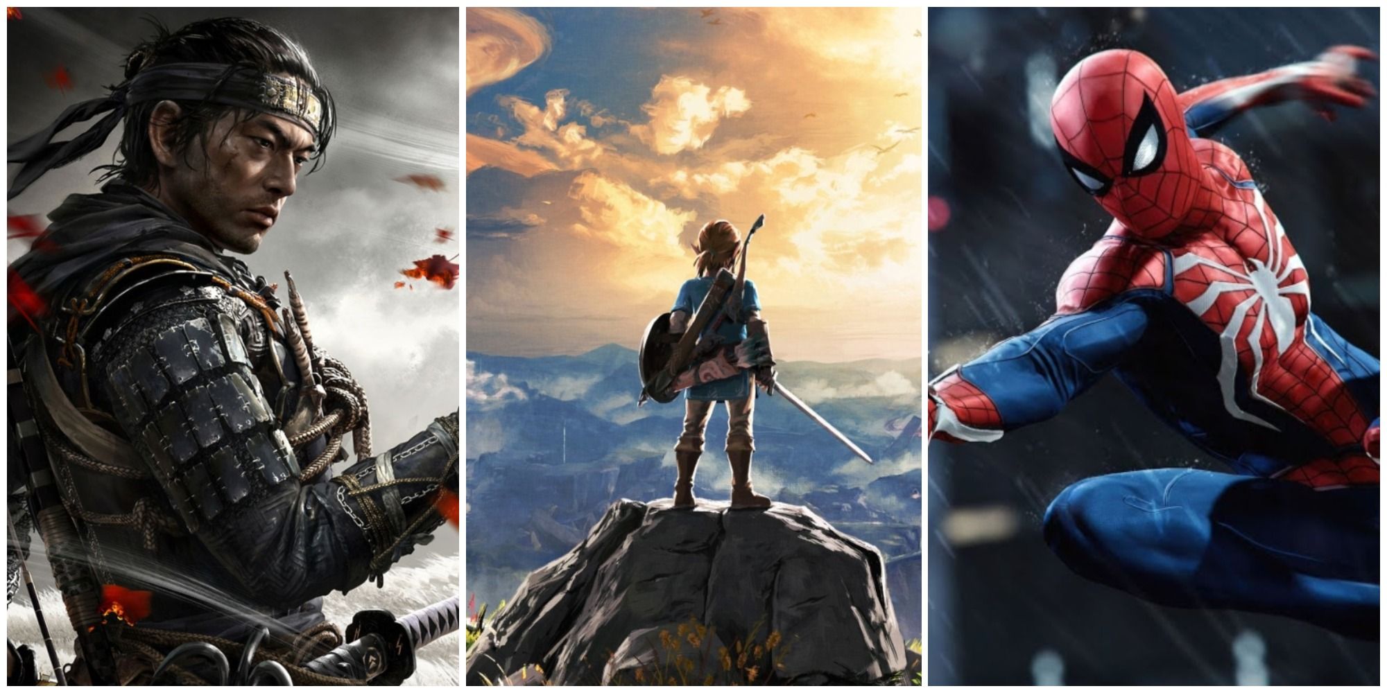 A collage for the article, featuring Spider-Man, Ghost of Tsushima, and Breath of the Wild