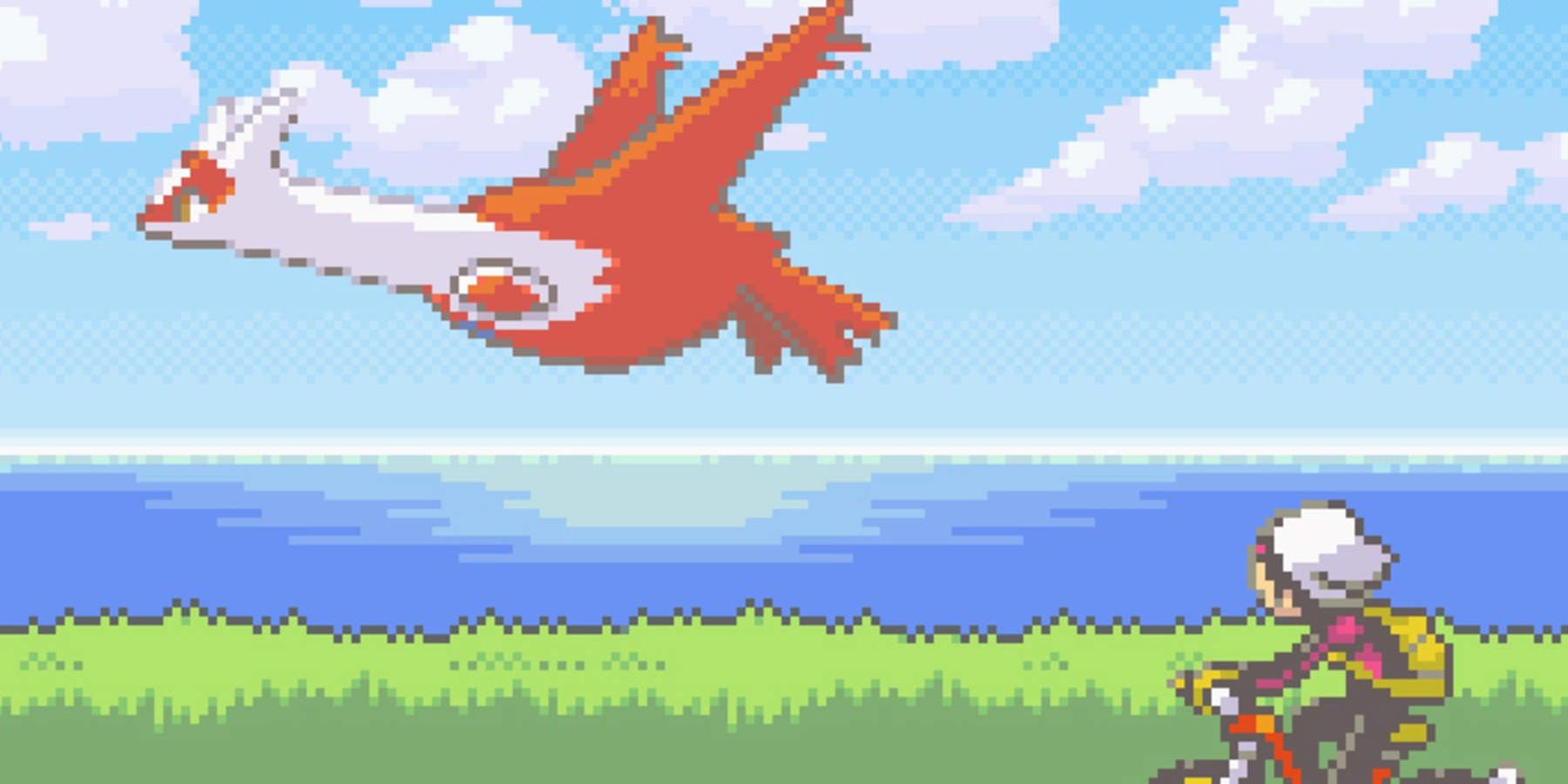 The trainer riding along the seafront on a bike while Latias flies overhead in Pokemon Ruby.